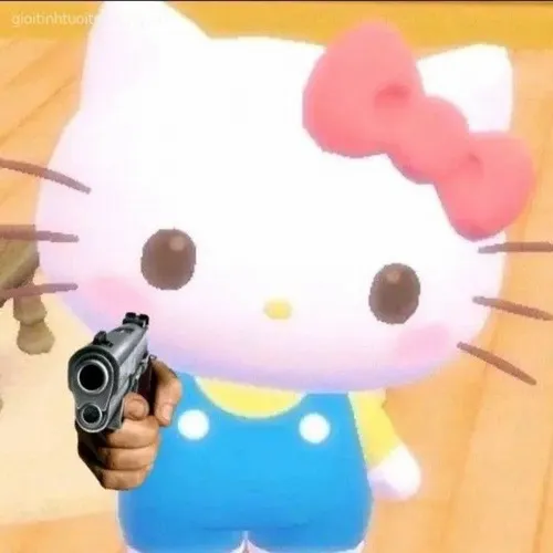 Meme chế mèo chiến đứng đặt súng nhìn gườm.