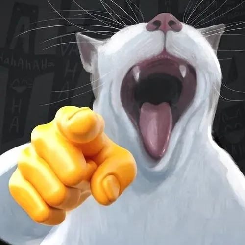 Hình troll mèo liếc nhẹ diễn tả nụ cười cong tạo vẻ dí dỏm.