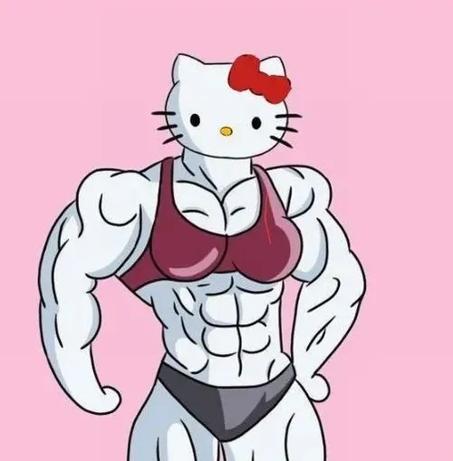 Hình chế meme vui Kitty lực lưỡng đẩy tạ nặng với găng tay tập đỏ