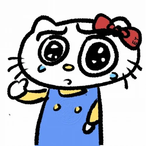 Tạo hình Kitty mềm mại rơi lệ giữa bố cục tối giản dễ thương.