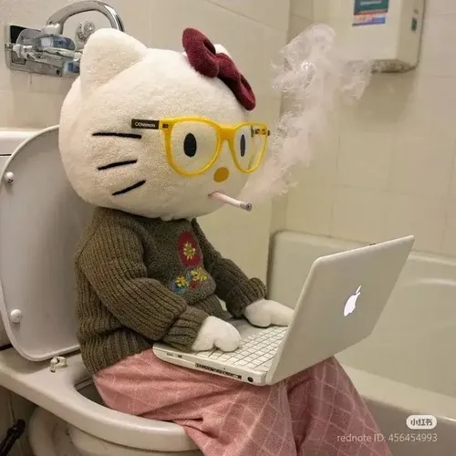 Meme hài mèo Hello Kitty buồn ngủ tựa gối theo đường nét đơn giản