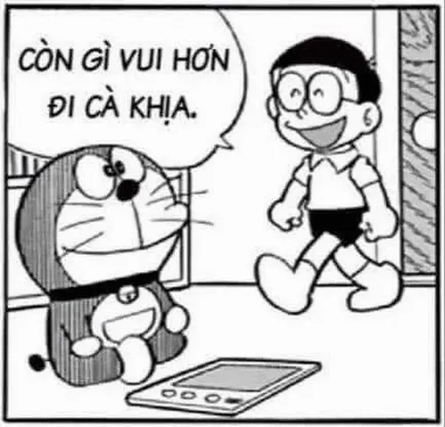 Shizuka cười tươi khi Doraemon đưa bánh rán mới mua.