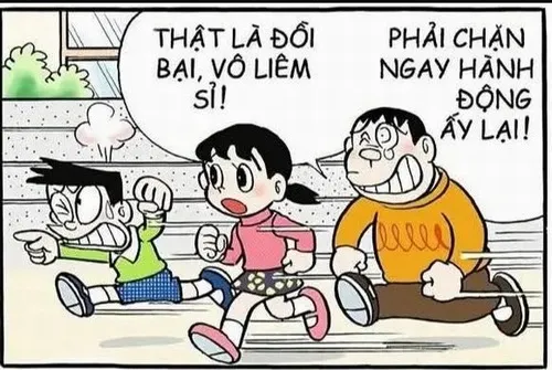 Suneo tạo dáng khoe mẽ khiến Nobita và Doraemon nhìn nhau ngao ngán.