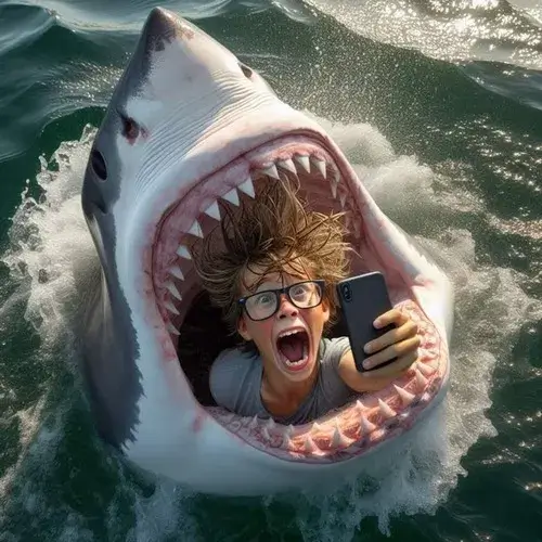 Hình meme cá dữ cho răng cưa lóe lên trong tia nắng.