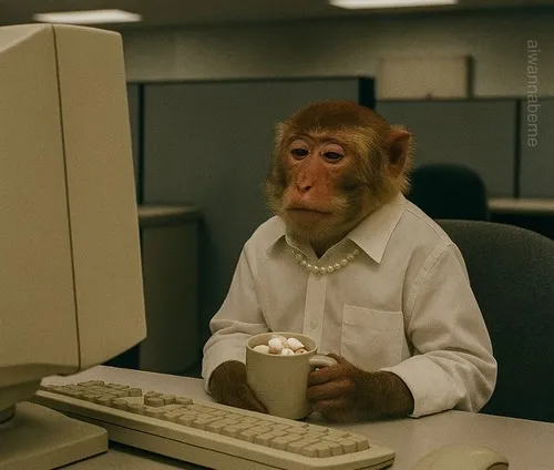 Hình chế meme vui khỉ nhỏ dùng ánh mắt to tròn tạo nét mềm.