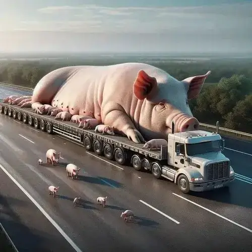 Meme chế con heo cười nham hiểm, môi chu cong cong.