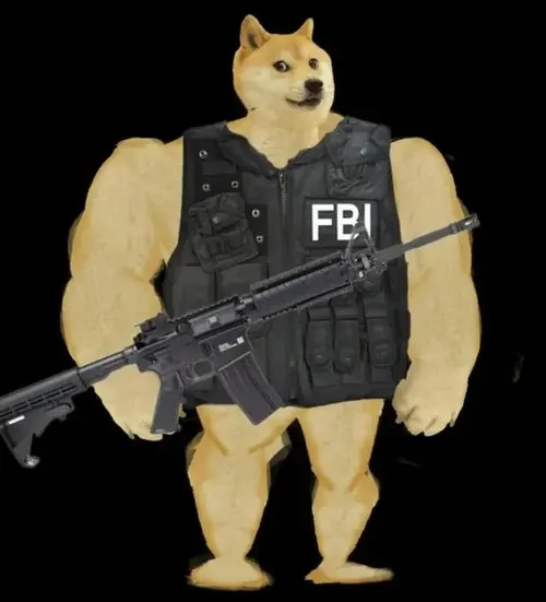 Meme chế bé Shiba FBI cơ bắp ngồi cạnh khẩu súng đặt song song