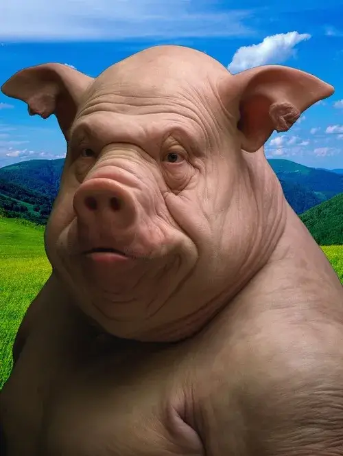 Hình troll lợn hồng cầm dao đồ chơi, mặt kinh sợ.