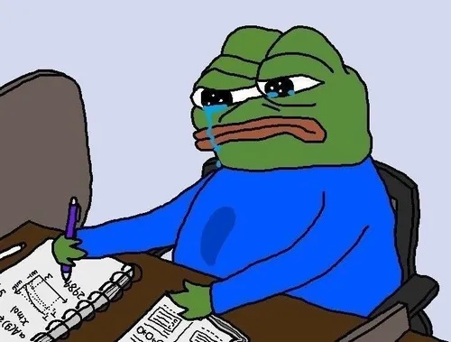 Hình chế meme vui ếch xanh lim dim vì buồn ngủ quá mức.