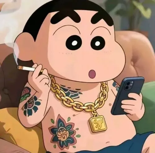 Meme biểu cảm Shin mím miệng làm nổi bật cú liếc mắt tinh nghịch của cậu