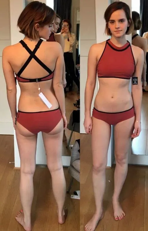 Mỹ nhân xuất hiện trong ảnh ghép hai góc với bikini đỏ gạch, phần dây lưng đan chéo và dáng đứng thẳng cho thấy tổng thể gọn gàng, trẻ trung