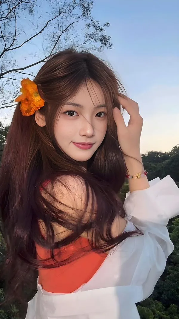 Mỹ nữ tóc nâu gắn hoa cam ngồi ngoài trời, áo đỏ trắng ôm vai và ánh nhìn mềm khiến gương mặt nhỏ trở nên yêu kiều hơn hẳn