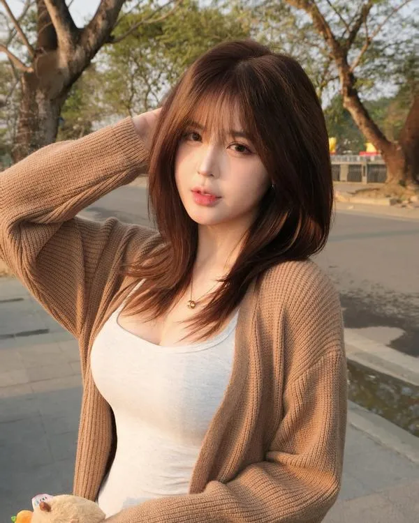 Nắng chiều phủ lên cô gái mặc áo hai dây trắng cùng cardigan nâu, tay đặt lên trán và dáng đứng nghiêng làm bờ vai hiện ra mềm mại