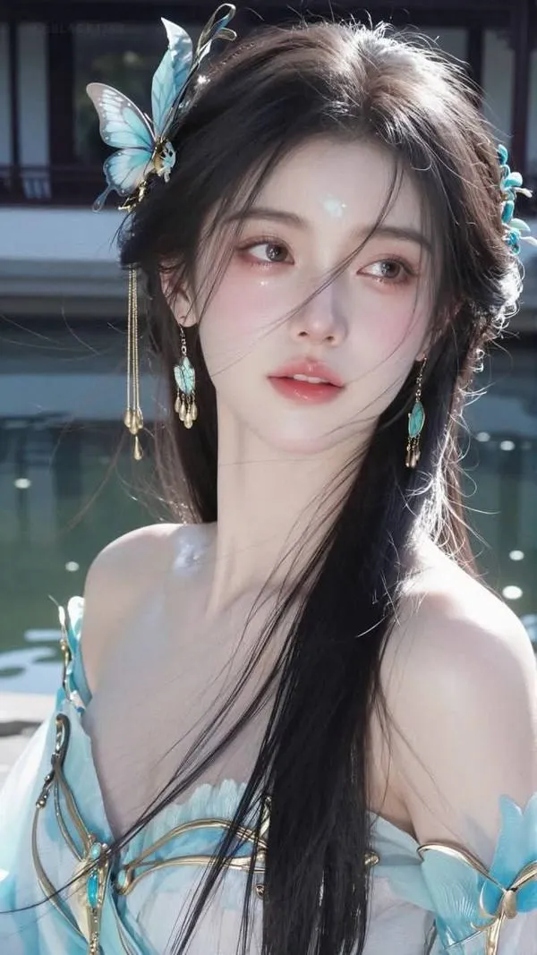 Người đẹp Hoa ngữ mặc váy xanh nhạt trễ vai, tóc buộc cao lơi vài sợi trước má, ngẩng mặt nhẹ cho bức ảnh mang vẻ kiêu sa rất vừa