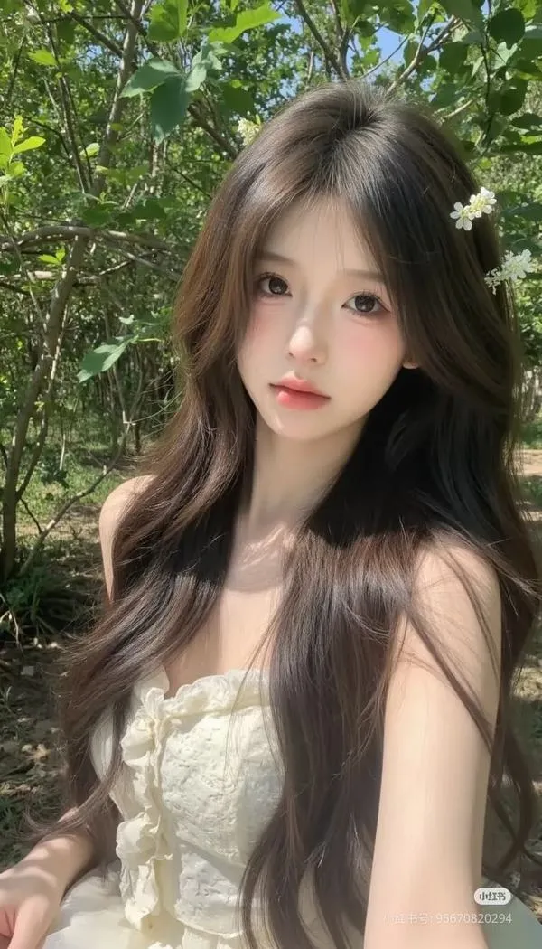 Ảnh gái tóc dài buông nhẹ đứng giữa nền cây mờ, váy hai dây màu kem ôm dáng, nhìn thẳng ống kính với nét thanh tú rất dịu