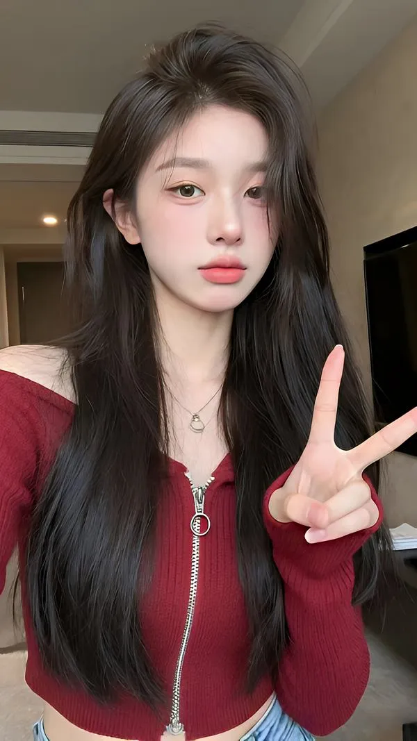 Thiếu nữ đại lục mặc áo đỏ ngồi trong nhà, giơ tay tạo dáng cạnh má và nhìn thẳng máy ảnh với vẻ đáng yêu đầy sức sống