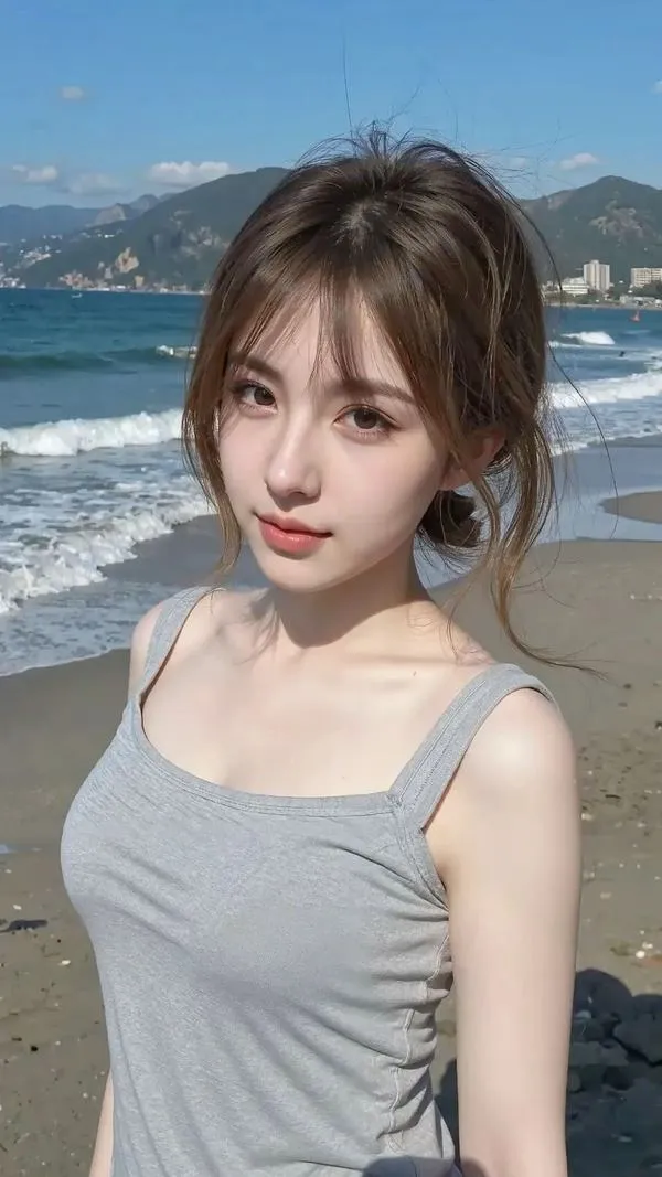 Cô gái trong váy xám sát nách đứng bên bờ nước, tóc búi thấp và ánh nhìn nghiêng khiến dáng người mảnh hiện ra thanh nhã dưới nắng