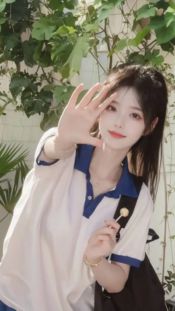 Thiếu nữ xứ Trung cầm điện thoại dưới bóng lá, áo polo trắng phối xanh và nụ cười hé môi làm bức ảnh mang nét hồn nhiên rõ rệt