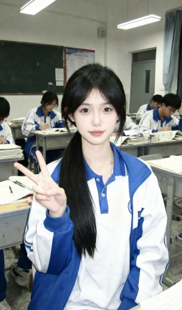 Gái xinh mạng Douyin mặc áo khoác xanh trắng trong lớp học, giơ tay chào máy ảnh và cười nhẹ tạo không khí trẻ trung đúng vibe học đường