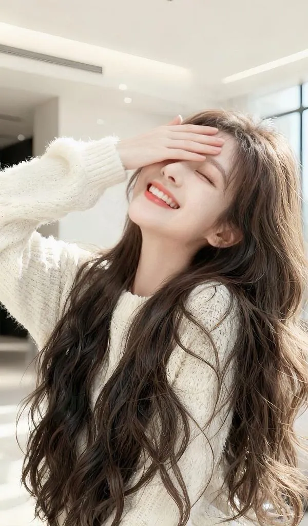 Gái xinh nhắm mắt ngửa mặt đón nắng bên cửa sổ, áo len trắng rộng và mái tóc xoăn dài khiến tấm hình có vẻ thuần khiết mềm mại