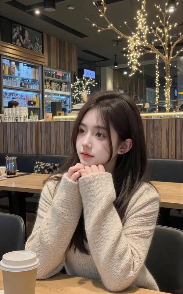 Bên bàn gỗ trong quán cà phê, cô nàng chống cằm bằng tay áo len be, ánh mắt dịu và góc chụp ngang tạo vẻ đằm thắm rất dễ mến