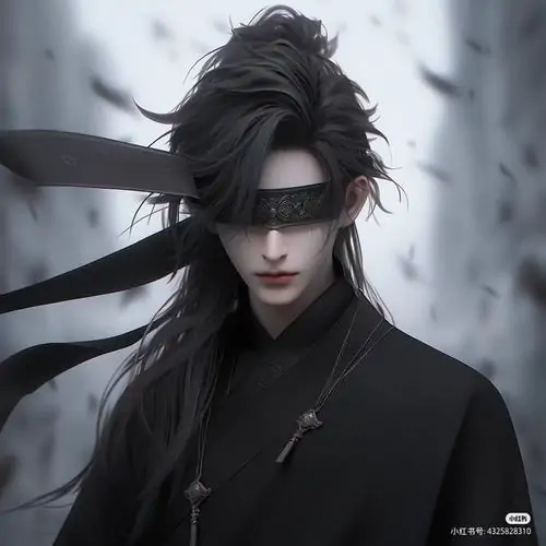 Một nam nhân tóc dài buộc nửa, đeo băng che mắt và mặc áo tối, đứng giữa nền xám nhòe tạo cảm giác anime pha chút hình ảnh nam giới bí ẩn