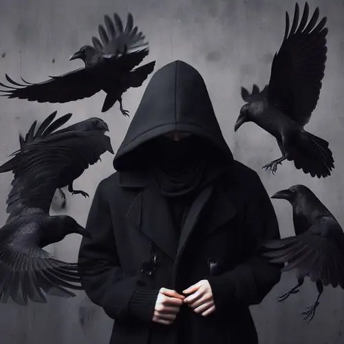 Một cậu con trai trùm mũ đứng giữa đàn quạ đen trong nền xám, đầu cúi và tay nắm trước bụng, ảnh này cá tính theo kiểu ảnh đại diện cực chất