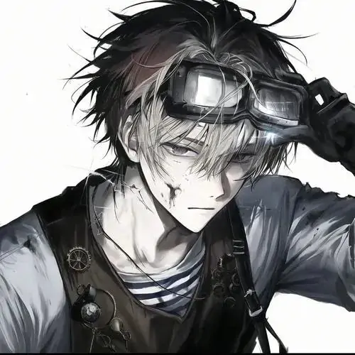 Nam tóc nâu đen đội kính bảo hộ trên đầu, tay kéo nhẹ tóc mái và áo tối phủ vai khiến khung xám lạnh trông bụi, nhấn bằng thần thái đỉnh cao