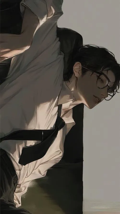 Anh trong khung nâu xám cúi người trong bóng tối, áo khoác dài rũ xuống vai và cổ nghiêng sâu khiến dáng đứng trở nên âm, gợi tư thế đứng