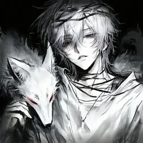 Chàng tóc bạc ngồi dựa bên con sói trắng, áo sáng rũ rộng và quầng mắt mệt làm khung đen trắng có vẻ hoang, hợp với hoạt hình Nhật Bản