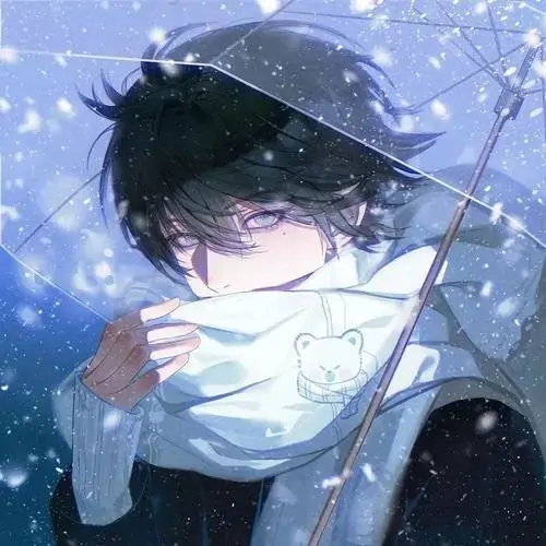 Cậu trai tóc xanh đen quấn khăn sáng trước miệng, vai áo phủ tuyết và nền trời lam khiến ánh mắt càng buốt, hợp kiểu góc chụp