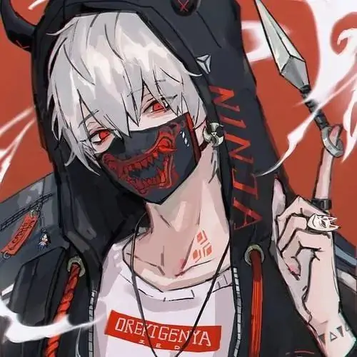 Anh tóc trắng đeo khẩu trang đỏ đen, áo khoác có mảng chữ và nền đỏ gắt phía sau khiến ánh nhìn rất dữ, hợp với thể loại hình ảnh