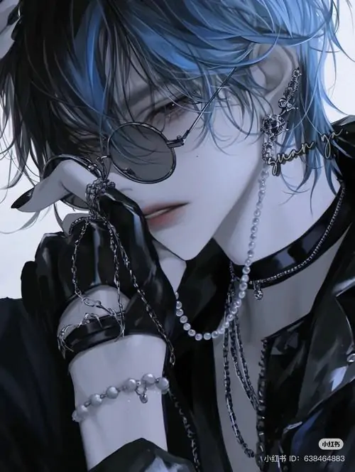 Tải ảnh avatar anh chàng tóc xanh đen cúi mặt sau bàn tay đeo găng, vòng cổ kim loại và nền đen tím làm gương mặt trông gắt, rất hợp đường nét thanh mảnh