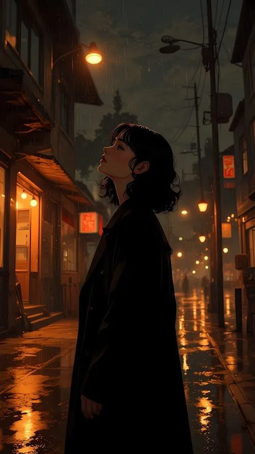 Cô nàng đứng dưới con hẻm ướt ánh vàng, tóc ngắn hất nhẹ và gương mặt ngước lên khiến bóng tối quanh người càng trầm lặng