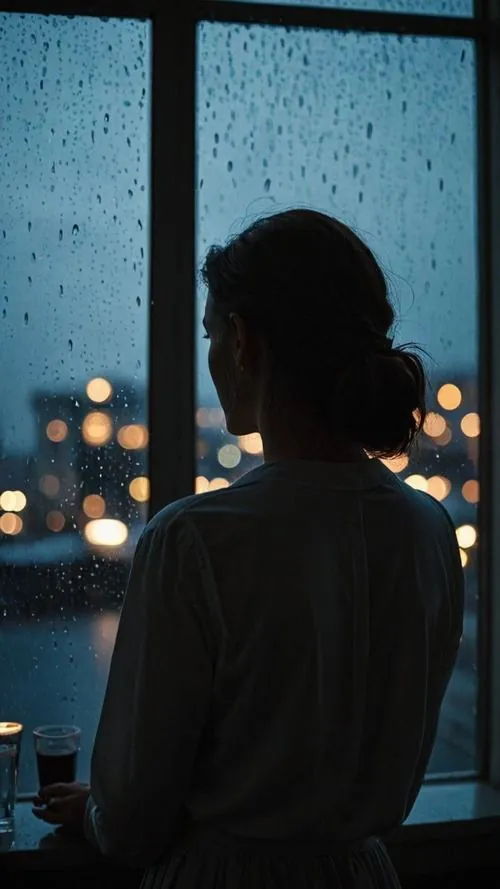Ảnh profile con gái cô gái đứng quay lưng trước khung cửa kính đẫm mưa, mái tóc búi thấp và ánh đèn ngoài phố gợi nỗi nhớ âm thầm