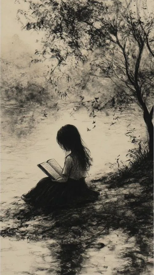 Ảnh avt buồn cô gái ngồi lọt giữa bóng cây bên mặt nước tối, tóc dài buông rối và dáng co lại làm khung hình nhuốm nỗi buồn rất khẽ