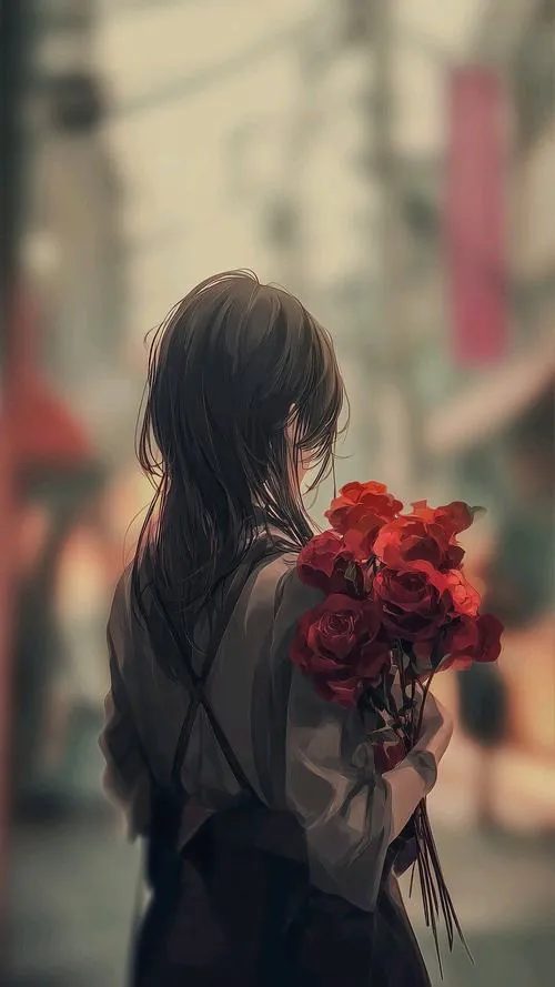 Tải ảnh đại diện buồn cô gái ôm bó hoa đỏ trước nền phố mờ, tóc nâu xõa ngang vai và sắc hoa nổi bật giữa vẻ hình ảnh tâm trạng phái nữ