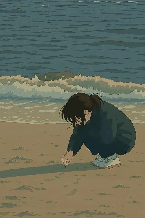 Ảnh avatar con gái cô gái minh họa ngồi co ro trên bãi cát sát mép sóng, áo xanh đậm và đầu cúi thấp tạo một khung cảnh bẽ bàng