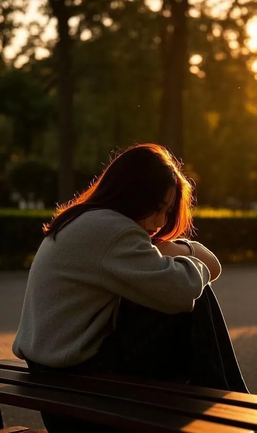 Tải hình avatar tâm trạng cô gái ngồi ngoài trời lúc nắng muộn, hai tay vòng qua đầu gối và viền sáng sau tóc làm gương mặt càng mệt mỏi