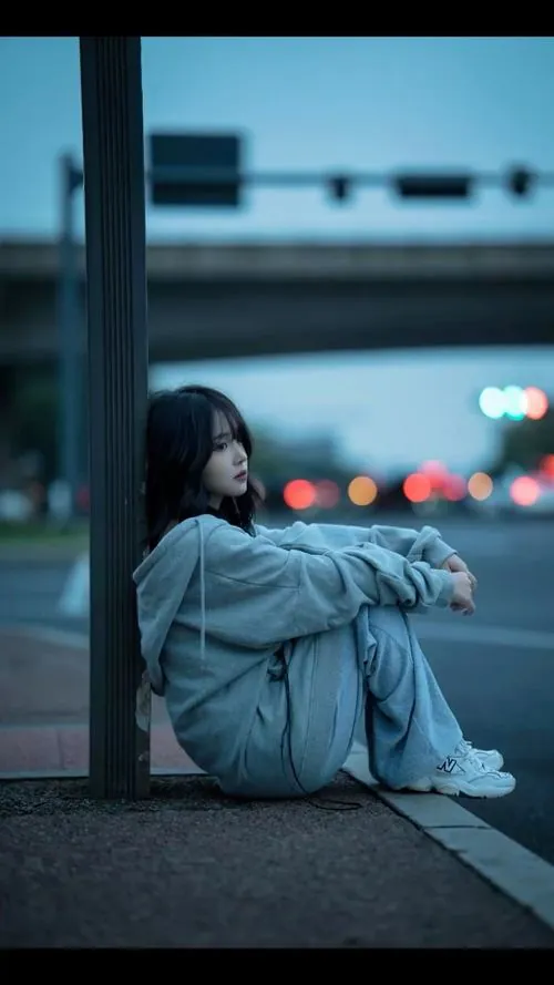 Hình nền con gái buồn cô gái mặc áo khoác xanh ngồi sát cửa kính lớn, chân co lại và nền sân bay xanh lạnh làm bóng lưng thêm cô độc