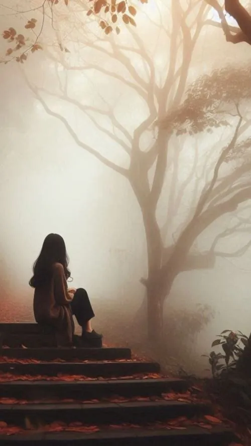 Người con gái ngồi một mình trên bậc đá giữa sương mỏng, cây trơ cành phía sau và tông nâu nhạt khiến cảnh vật mang vẻ quạnh quẽ