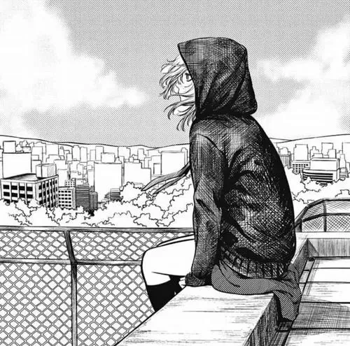 Tải ảnh avatar nữ cô bé đội áo trùm đầu ngồi bên lan can, bản vẽ trắng đen giữ mái tóc bay nhẹ và nét trầm tư trên gương mặt