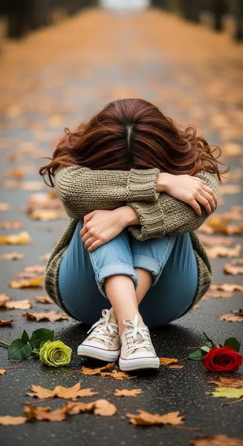 Hình nền tâm trạng nữ cô gái ngồi bó gối giữa nền lá khô, đầu vùi xuống cánh tay, áo len xanh và đôi giày trắng gợi ảnh tâm trạng nữ giới