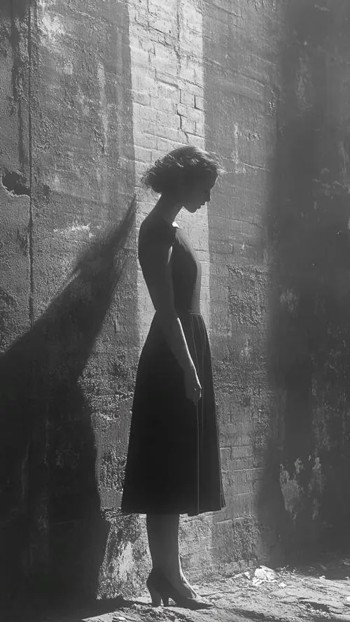 Người con gái đứng nghiêng trong màn sương đen trắng, tà váy dài rũ xuống và chiếc cổ cúi nhẹ khiến cả khu rừng trở nên hiu quạnh