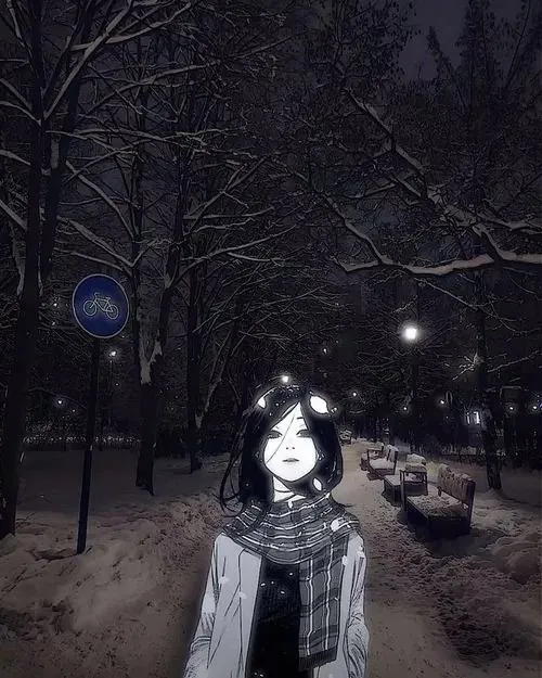 Avatar ảnh profile buồn cô gái anime đứng giữa con đường đêm phủ bóng cây, khăn choàng tối màu và ánh đèn xa làm đôi mắt thành ánh mắt xa xăm