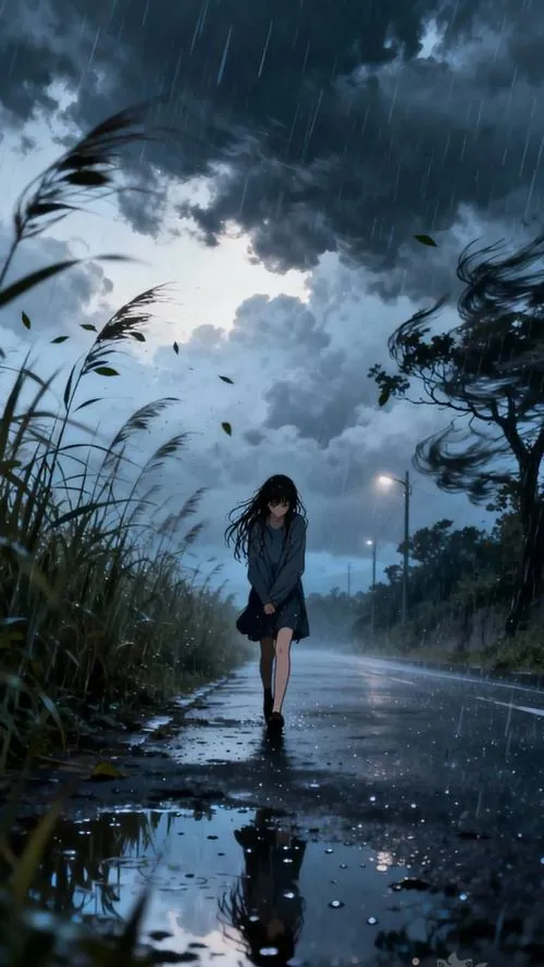 Cô gái nhỏ đứng lẻ bên mặt đường ướt, áo khoác sẫm và nền trời xanh lạnh kéo cả bức ảnh về phía trống vắng kéo dài