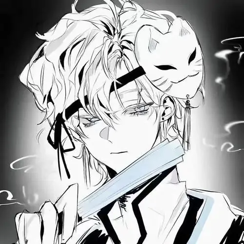 Ảnh hồ sơ chàng tóc sáng vẽ nét mực đen trắng, đầu nghiêng nhẹ dưới chiếc mặt nạ cáo và cổ áo dựng làm tổng thể rất gọn, hợp tinh thần Manga