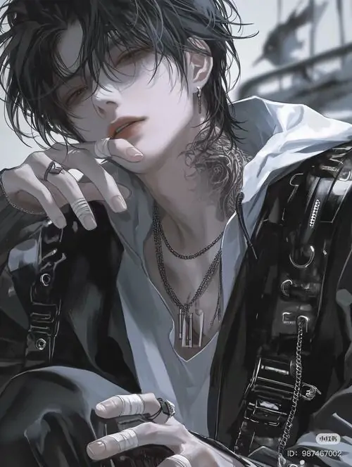 Avt TikTok cậu trai tóc đen cúi trong áo khoác da, tay giữ điện thoại và làn khói mờ sau lưng làm khuôn mặt thêm lạnh, hợp với người dùng trẻ