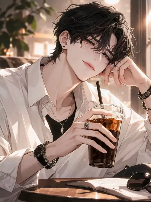 Ảnh đại diện anh chàng tóc nâu sẫm ngồi bên bàn với ly nước, sơ mi trắng mở cổ và tay chống má làm khung ảnh ấm nhưng vẫn lãng, hợp bố cục cận cảnh