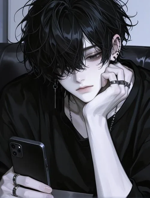 Cậu trai tóc đen cúi đầu tựa má lên tay trong góc tối, mái tóc phủ kín mắt và nền đen đặc làm dáng ngồi thêm mệt, gợi sự bí ẩn